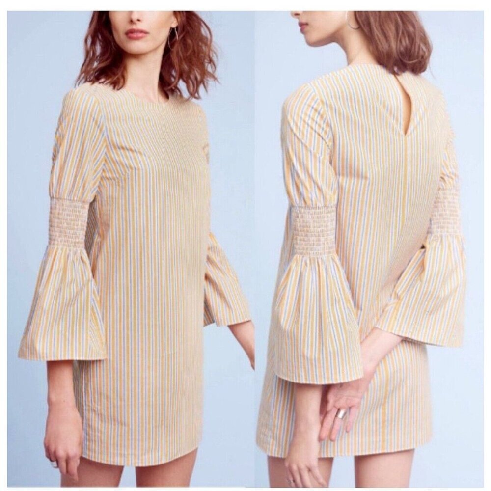 Anthropologie Maeve Aaron Poplin Dress Stripe Size 14 Yellow White Long Sleeve
